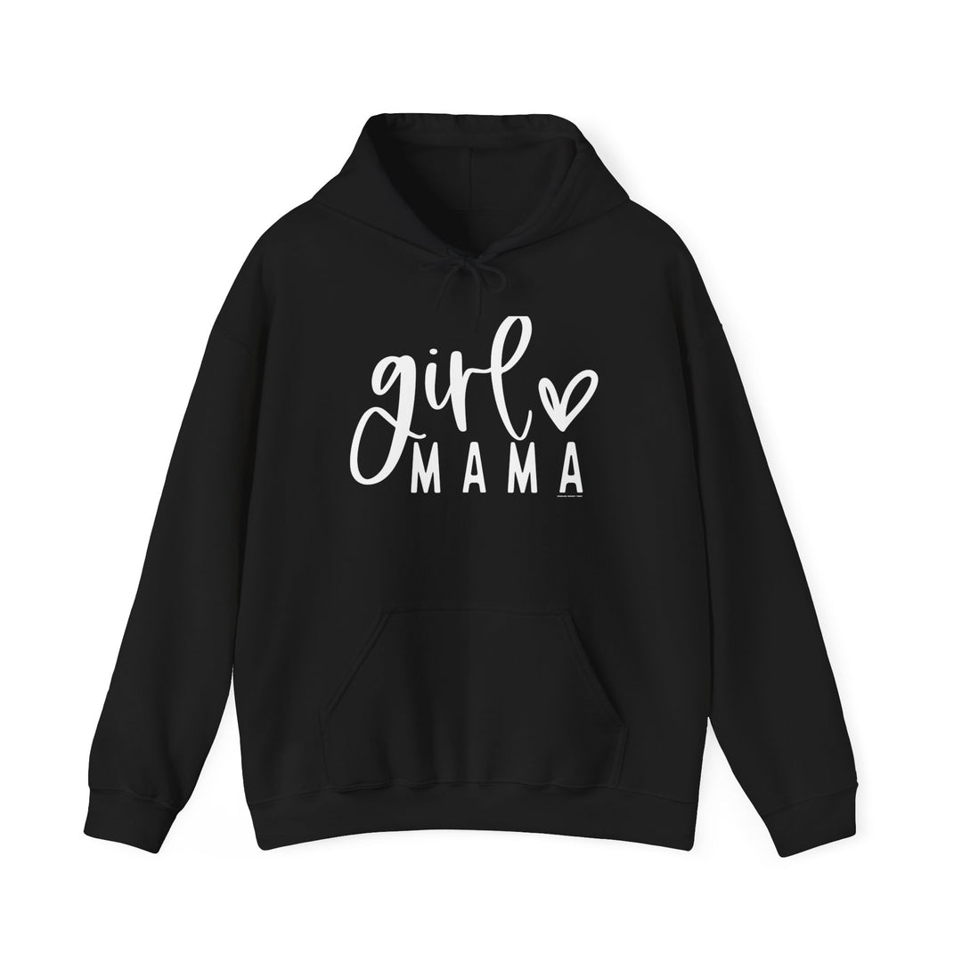 Girl Mama Hoodie: A black hooded sweatshirt with white text, made of 50% cotton and 50% polyester. Features a kangaroo pocket and matching drawstring for style and practicality. Plush, soft, and warm for cold days.