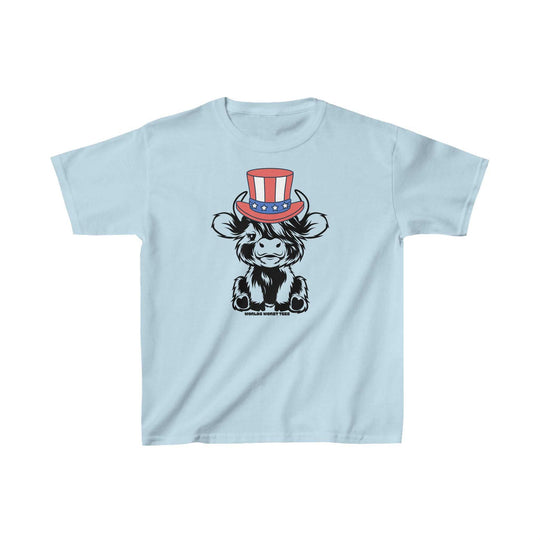 A kids' tee featuring a cartoon cow in a hat, ideal for daily wear. Made of 100% cotton, with twill tape shoulders for durability and ribbed collar. Title: 4th of July Little Dude Cow Kids Tee.
