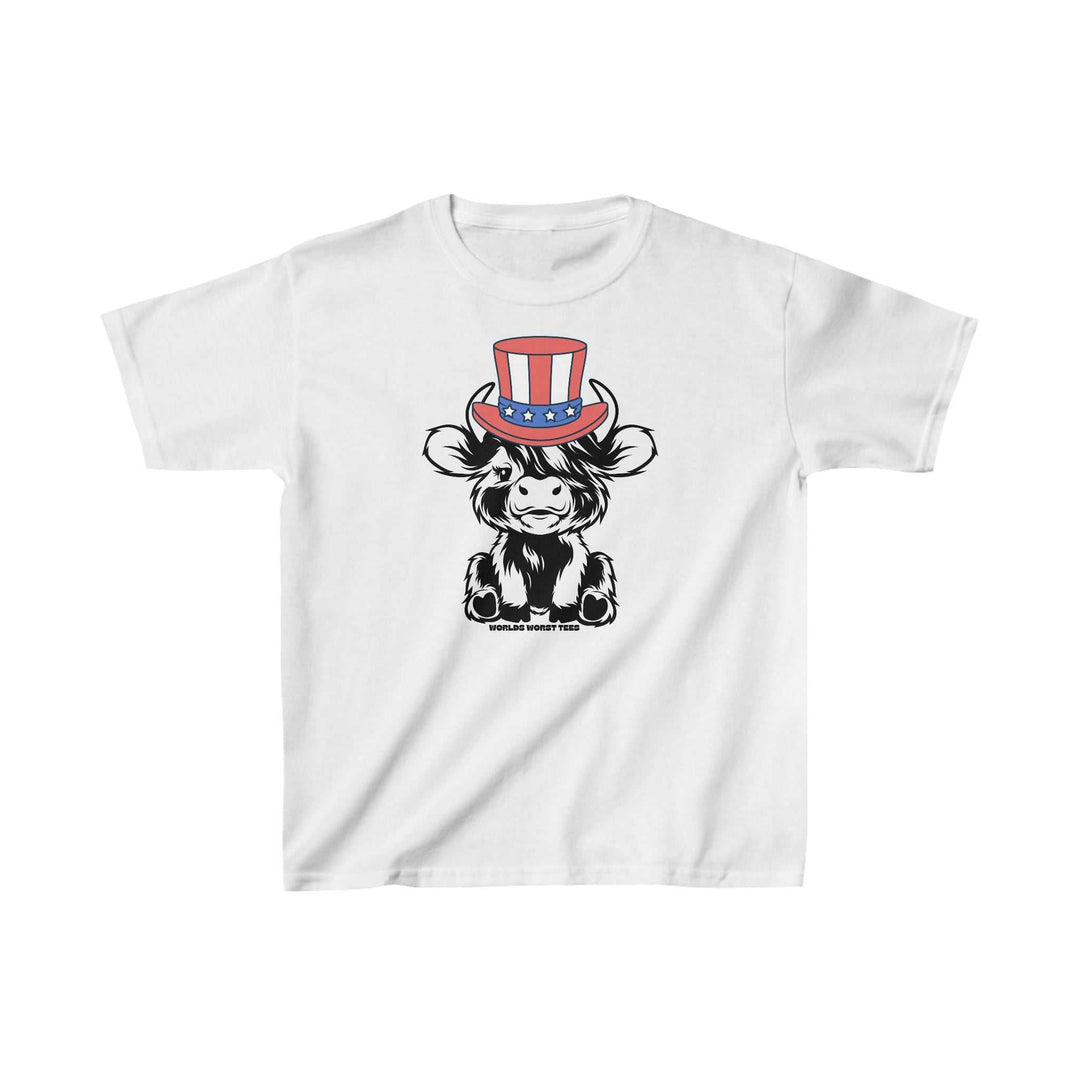 A white kids tee featuring a cartoon of a cow in a hat. 100% cotton fabric, twill tape shoulders, and ribbed collar. Ideal for printing, no side seams. From Worlds Worst Tees.