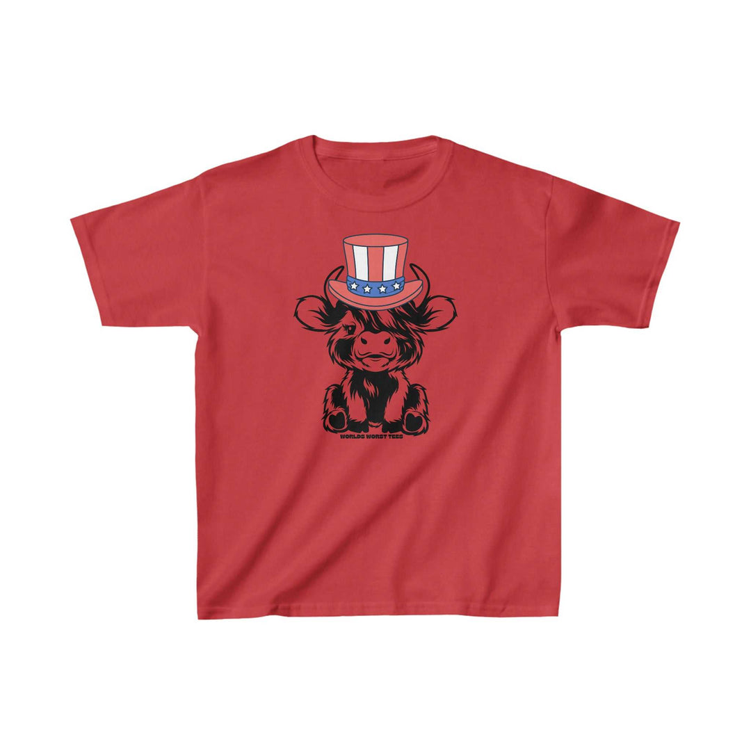 A kids' tee featuring a cartoon cow in a hat, ideal for daily wear. Made of 100% cotton, with twill tape shoulders for durability and a curl-resistant collar. Classic fit, suitable for printing.