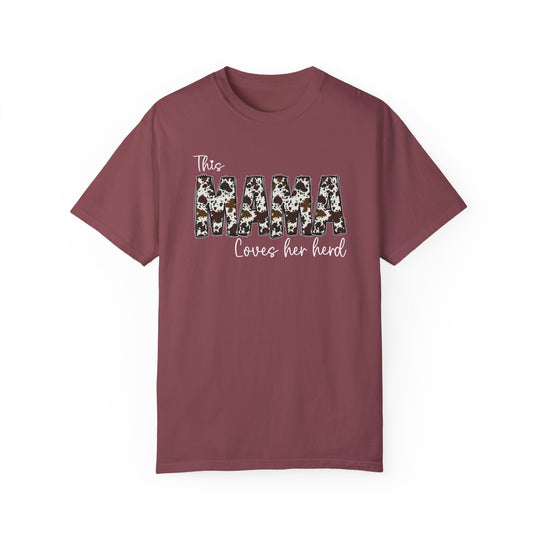 A maroon Mama Herd Tee, featuring a floral design on ring-spun cotton. Garment-dyed for extra coziness, with double-needle stitching for durability and a relaxed fit for daily comfort.