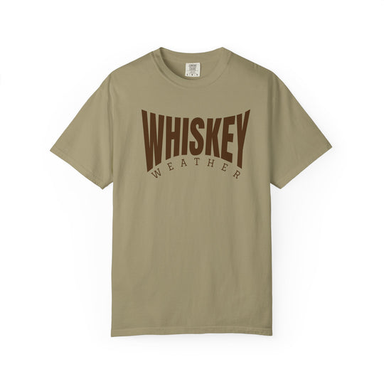 Khaki Whiskey Weather Tee, size L, featuring arched brown WHISKEY and curved WEATHER text. Soft, relaxed fit for comfort and durability.