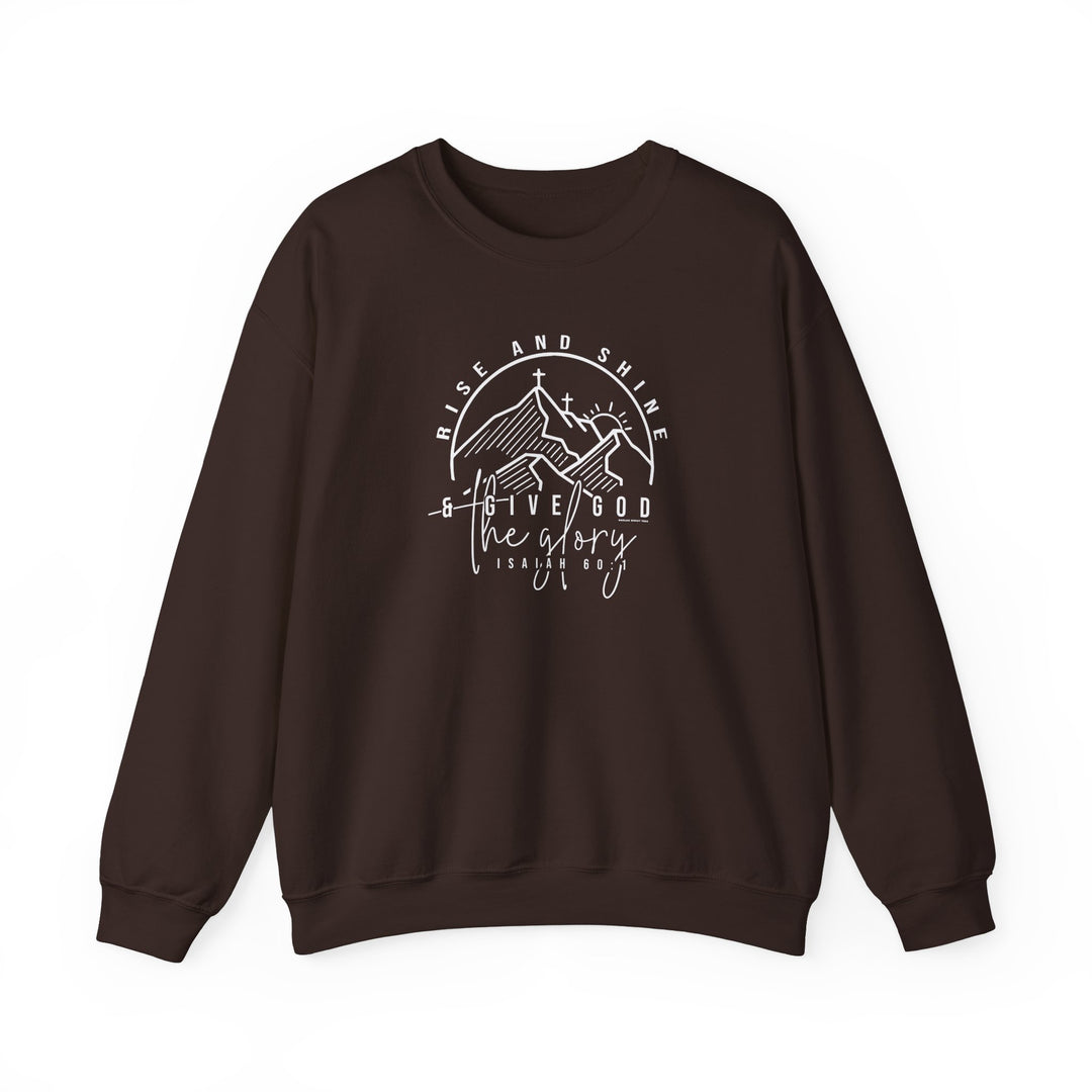 A brown Rise and Shine Crew sweatshirt with white text, ideal for comfort in any situation. Made of 50% cotton and 50% polyester, featuring a ribbed knit collar and a loose fit.
