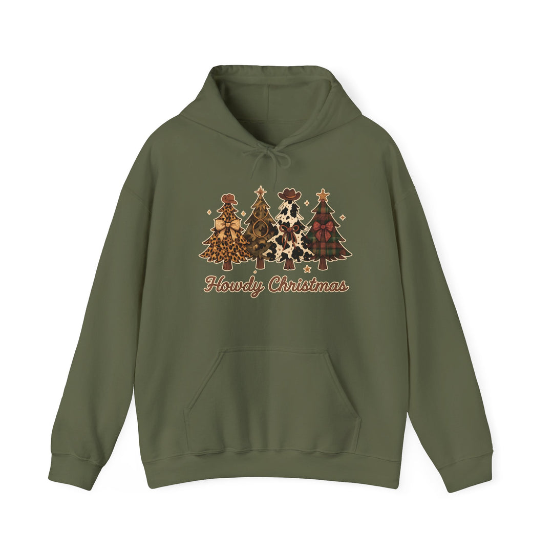 Howdy Christmas Hoodie: Olive-green pullover with kangaroo pocket, featuring five stylized Christmas trees and Howdy Christmas text, blending festive and Western themes.