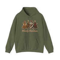 Howdy Christmas Hoodie: Olive-green pullover with kangaroo pocket, featuring five stylized Christmas trees and Howdy Christmas text, blending festive and Western themes.