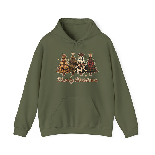Howdy Christmas Hoodie: Olive-green pullover with kangaroo pocket, featuring five stylized Christmas trees and Howdy Christmas text, blending festive and Western themes.