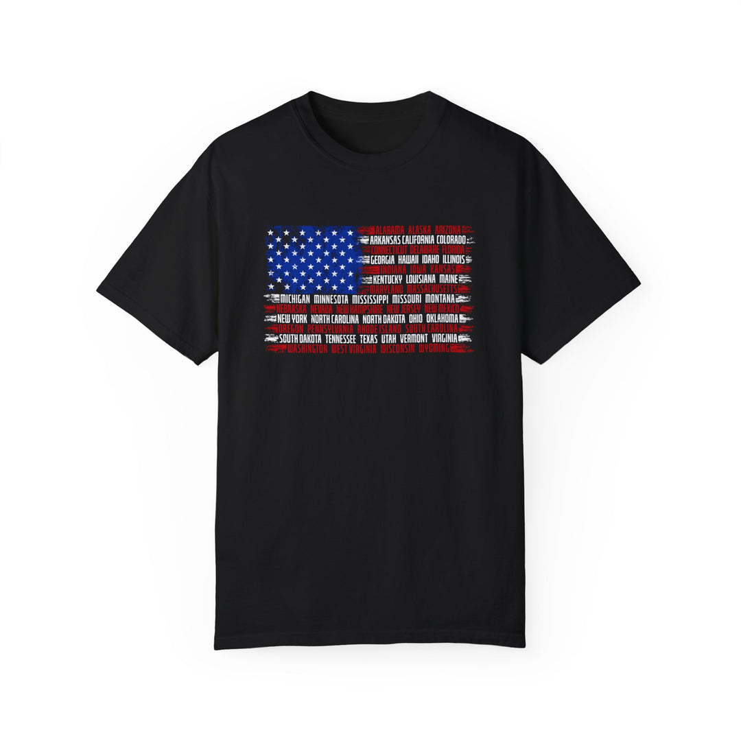 Relaxed fit State Flag Tee in black, featuring a flag design. 100% ring-spun cotton, garment-dyed for extra coziness. Durable double-needle stitching, no side-seams for a tubular shape.