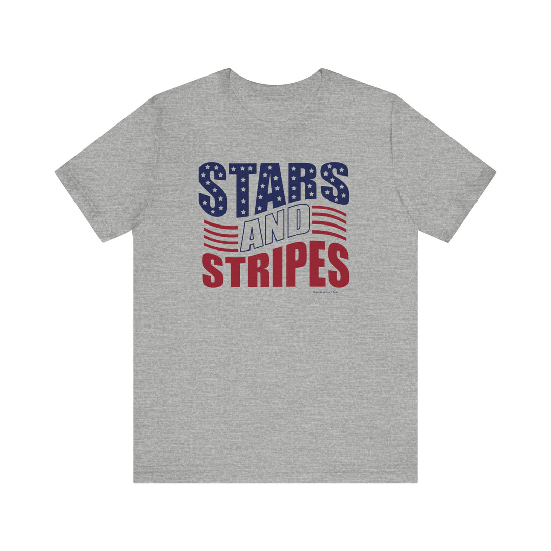 A classic unisex jersey tee featuring a Stars and Stripes design. Made of 100% Airlume combed cotton, with ribbed knit collars and taping on shoulders for durability. Sizes XS to 3XL available.