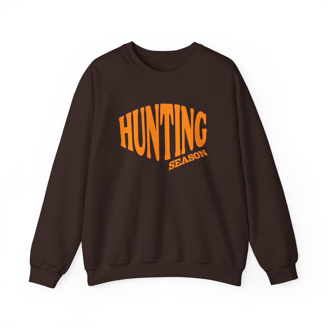 Dark brown crewneck sweatshirt with HUNTING SEASON in bold orange font, combining style and comfort with a classic fit and durable stitching.