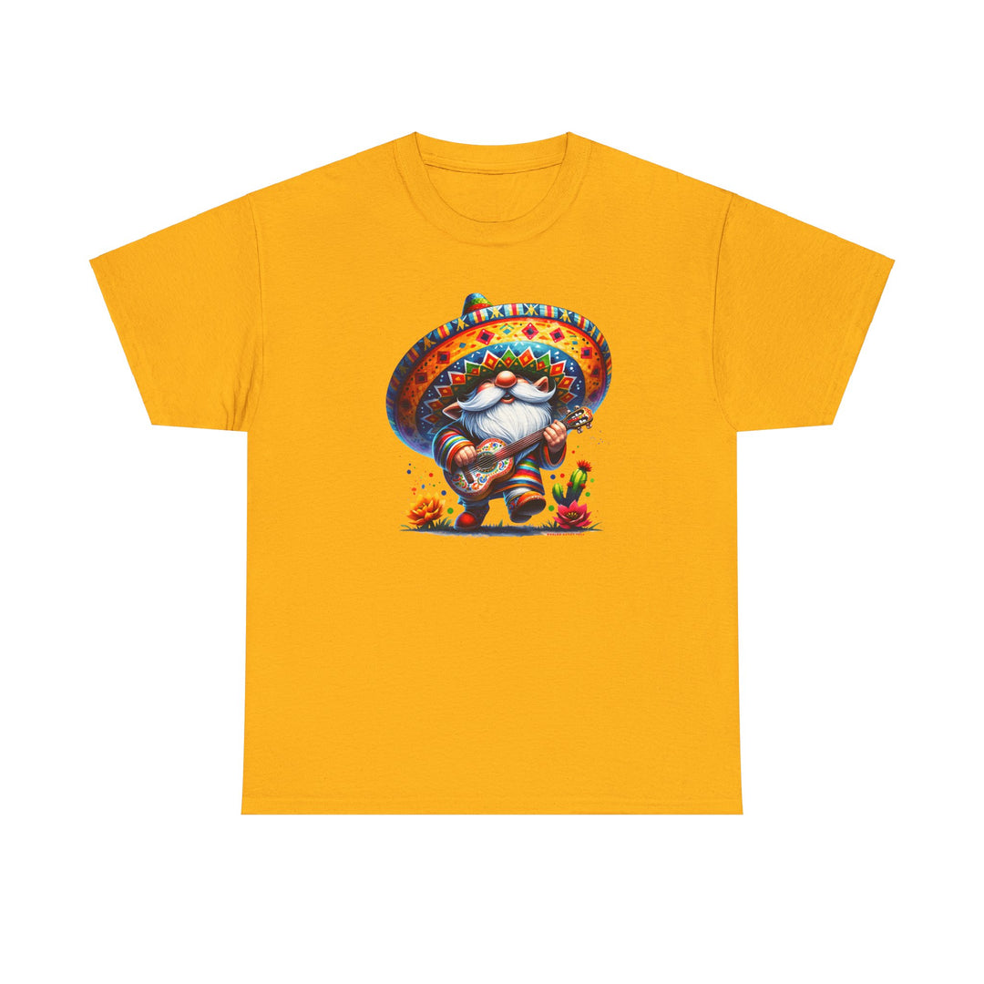 Mexican Gnome Tee: Unisex yellow t-shirt featuring a gnome in a sombrero playing a guitar. Medium fabric, classic fit, tear-away label, 100% US cotton. From Worlds Worst Tees.
