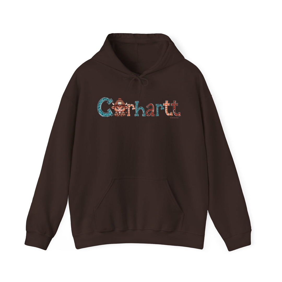 A brown Cowhartt hoodie, a blend of cotton and polyester, featuring a logo, kangaroo pocket, and drawstring hood. Medium-heavy fabric, classic fit, tear-away label, and true-to-size. Unisex.