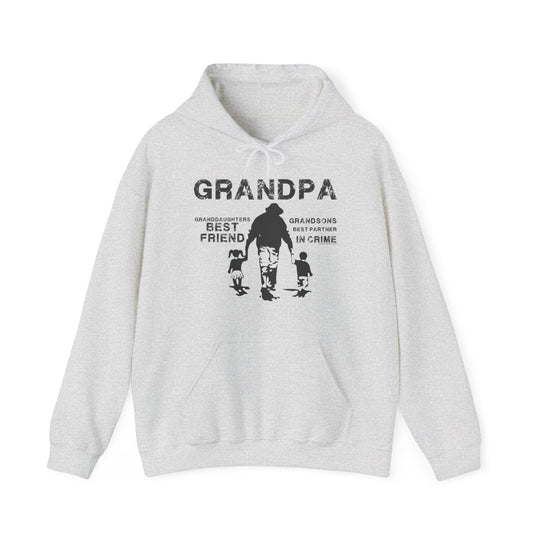 A white Grandpa and Grandkids hoodie, featuring black text, a kangaroo pocket, and a drawstring hood. Unisex heavy blend fabric of 50% cotton, 50% polyester for warmth and comfort. No side seams, tear-away label, classic fit.