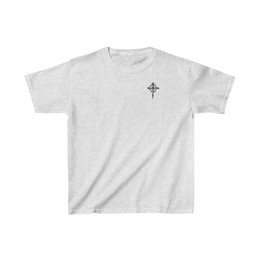 Child of God Kids Tee: A white t-shirt with a cross design. 100% cotton, light fabric, classic fit. Ideal for everyday wear. No side seams, twill tape shoulders, ribbed collar.