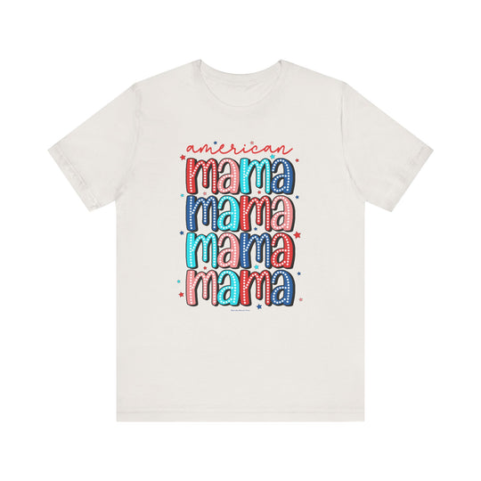 American Mama Tee: A white unisex jersey t-shirt with colorful text. 100% Airlume combed cotton, ribbed knit collars, tear away label. Retail fit, runs true to size. Ideal for a comfortable, stylish look. Worlds Worst Tees.