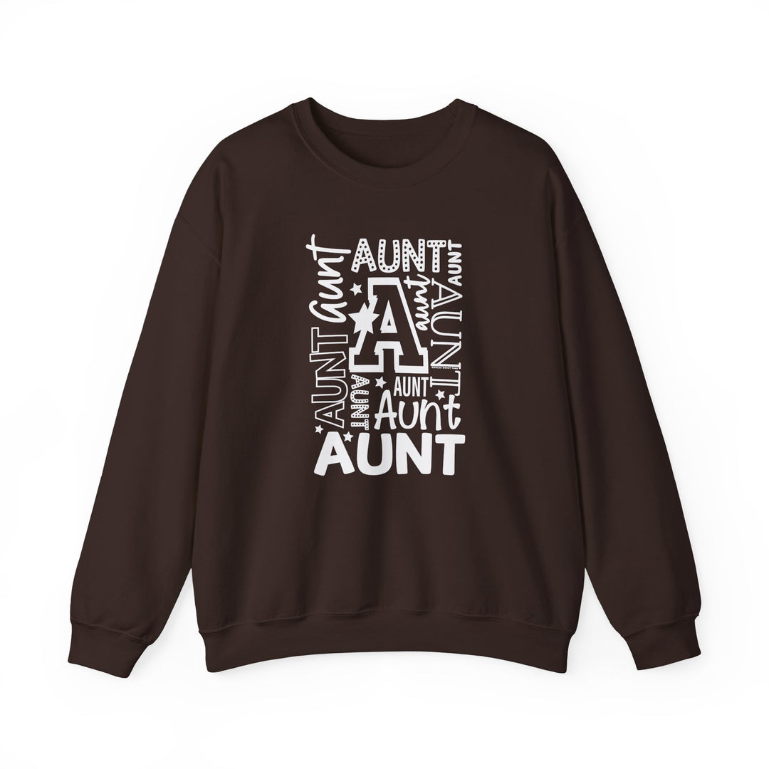 Aunt Crew relaxed fit sweatshirt in brown with white text. 50% cotton, 50% polyester blend, crew neck, medium-heavy fabric, loose fit, true to size. Perfect for casual style.