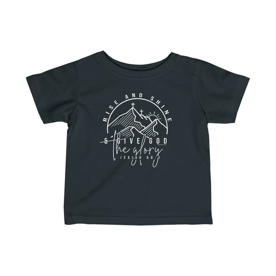 Rise and Shine Infant Tee: Black shirt with white text, featuring a logo with a cross and mountains. Infant fine jersey tee with side seams, ribbed knitting, and taped shoulders for comfort and durability.