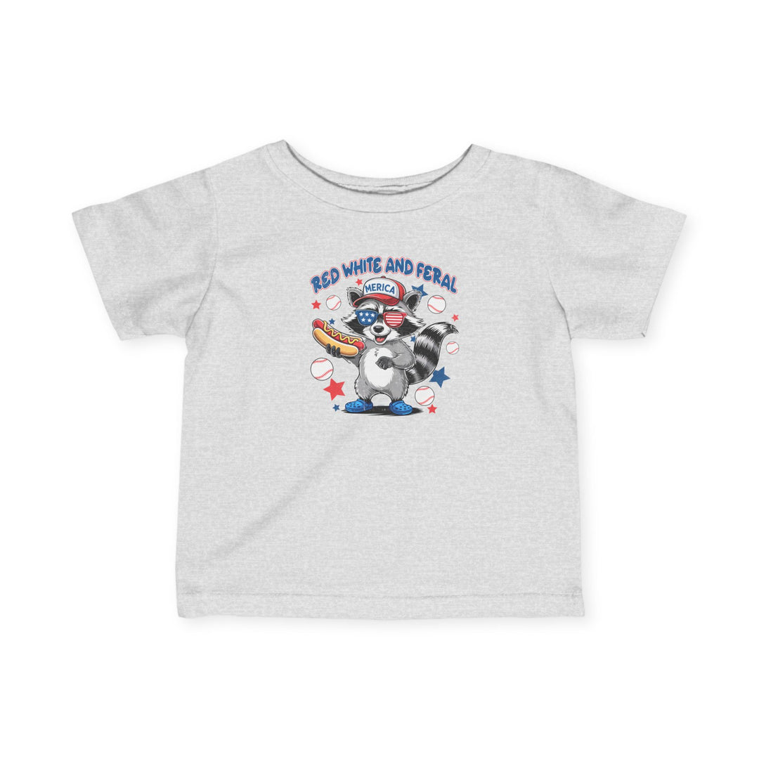 Infant fine jersey tee titled Red White and Feral Baseball Baby Tee with side seams, ribbed knitting, and taped shoulders, designed for comfort and durability.