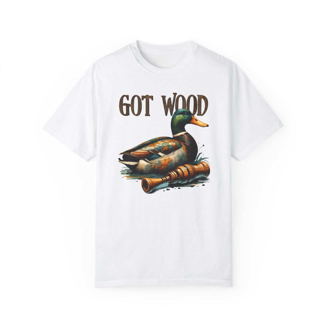 A white t-shirt featuring a duck head design, the Got Wood Tee from Worlds Worst Tees. Made of 100% ring-spun cotton, with a relaxed fit and durable double-needle stitching.