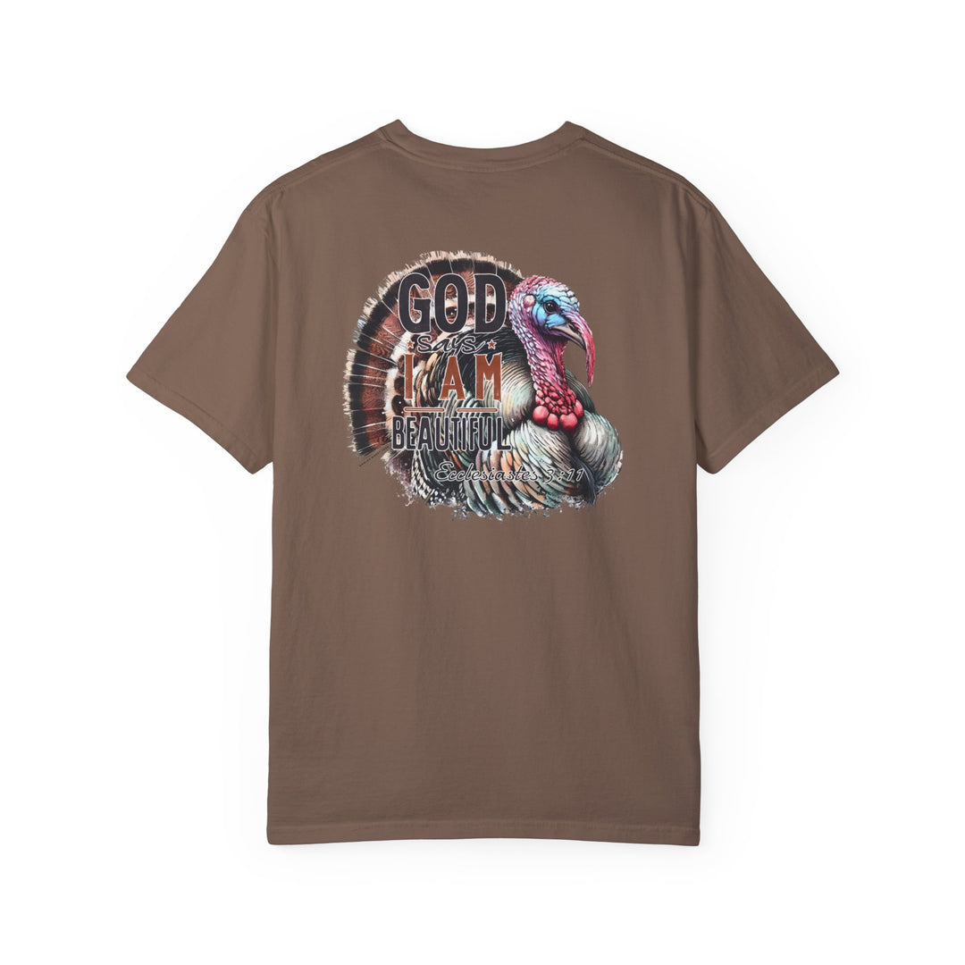 Beautiful Tee: Brown shirt with turkey graphic. 100% ring-spun cotton, garment-dyed for coziness. Relaxed fit, double-needle stitching for durability. From Worlds Worst Tees.