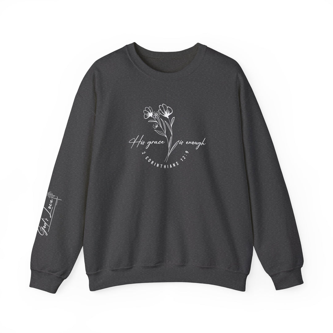 A unisex heavy blend crewneck sweatshirt, featuring His Grace Is Enough design. Made from 50% cotton and 50% polyester, with ribbed knit collar and double-needle stitching for durability. No itchy side seams, offering cozy comfort.