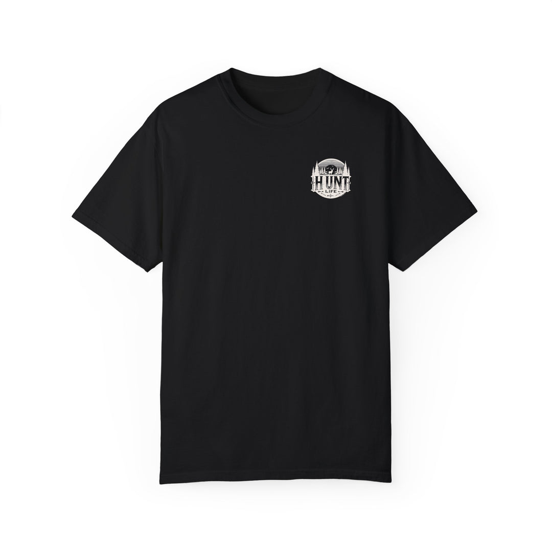 Raise Um Right Tee: Black t-shirt with logo of trees and deer. 100% ring-spun cotton, medium weight, relaxed fit, durable double-needle stitching, no side-seams for tubular shape. From Worlds Worst Tees.
