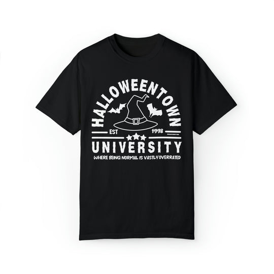Unisex Halloweentown University Tee: A black shirt with white text, made of 80% ring-spun cotton and 20% polyester. Relaxed fit, rolled-forward shoulder, medium-heavy fabric. Ideal for a stylish, comfortable look.