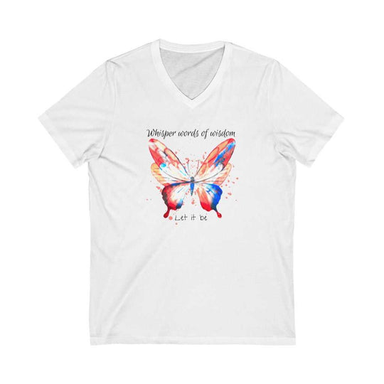 A white v-neck Whisper Words of Wisdom Tee with a butterfly graphic. Made of 100% polyester, breathable for active wear. Perfect for the track or gym.