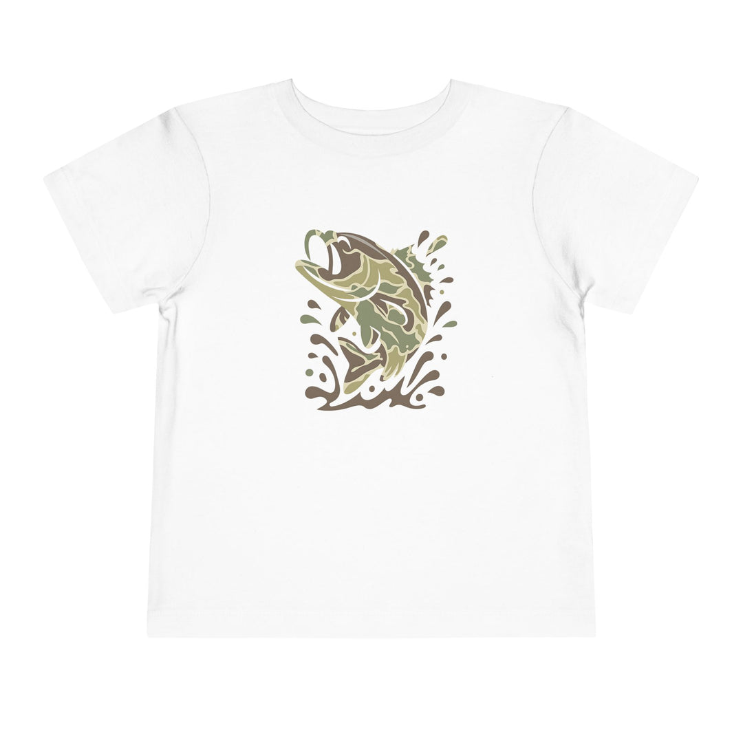 Camo Fish Toddler Tee featuring a leaping camouflage fish graphic on a plain white T-shirt, crafted from soft 100% Airlume cotton for toddler comfort.