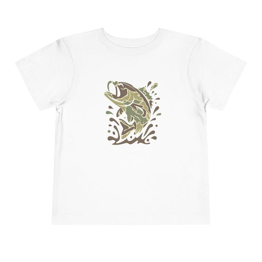 Camo Fish Toddler Tee featuring a leaping camouflage fish graphic on a plain white T-shirt, crafted from soft 100% Airlume cotton for toddler comfort.
