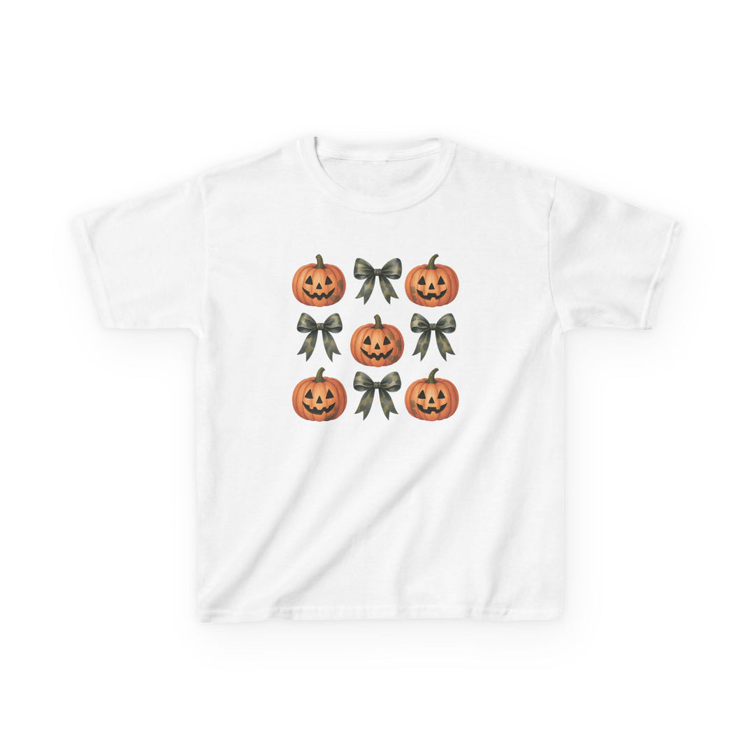 Jack and Bow Kids Tee features a front-view plain white T-shirt with a 3x3 grid of jack-o-lanterns and green ribbon bows, ideal for everyday comfort.