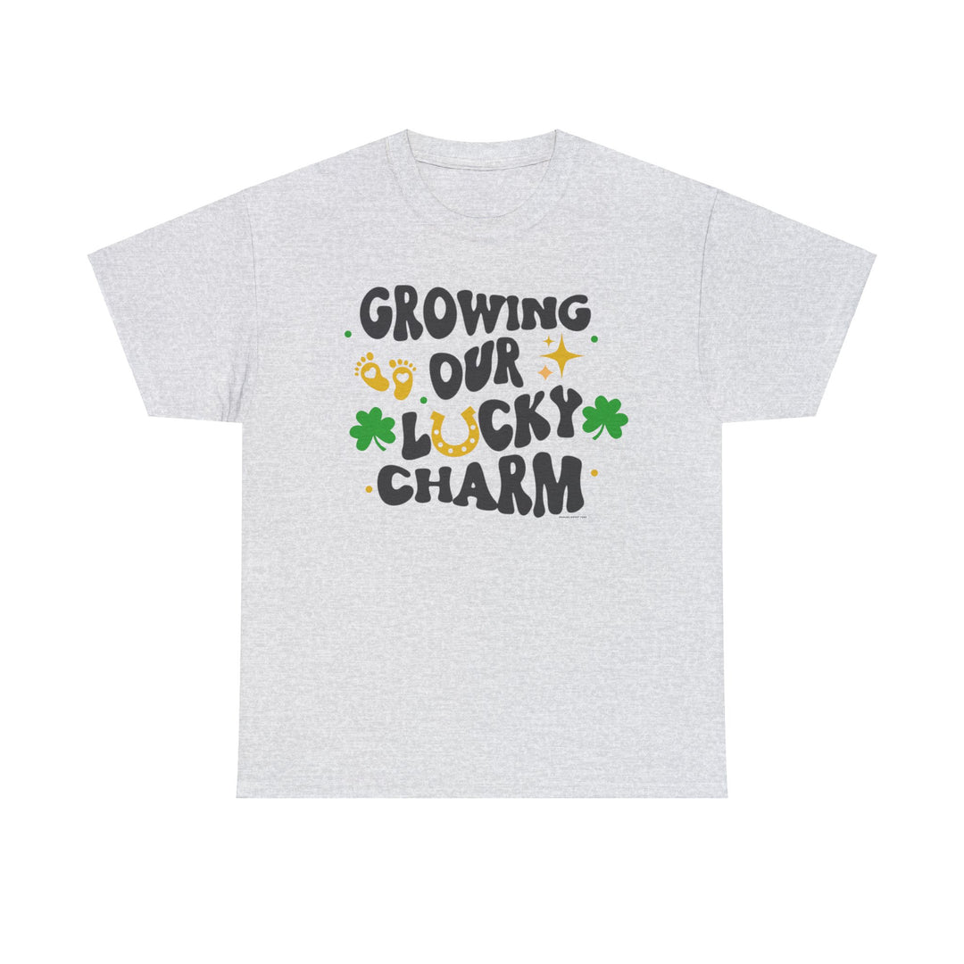 A white unisex heavy cotton tee featuring a black text design with green and yellow lucky charm symbols. Medium fabric, classic fit, tear-away label, and ethically sourced 100% US cotton. From 'Worlds Worst Tees'.