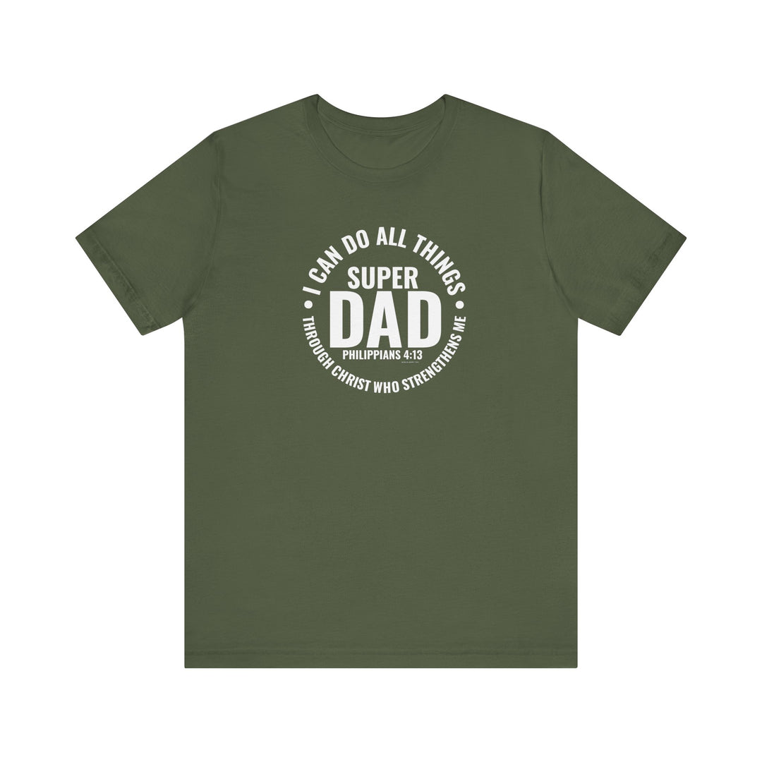 A classic Super Dad Tee in green with white text, a soft cotton jersey shirt. Unisex fit with ribbed knit collars, taping on shoulders, and dual side seams for durability. 100% Airlume combed cotton, light fabric, tear away label.