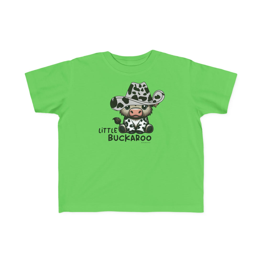 Buckaroo Toddler Tee: A green shirt featuring a cartoon cow in a cowboy hat, perfect for sensitive skin. 100% combed ringspun cotton, tear-away label, classic fit. Sizes: 2T, 3T, 4T, 5-6T.