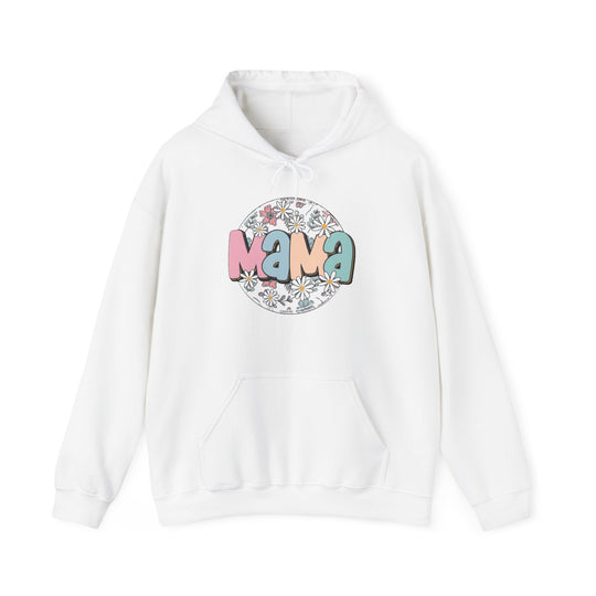 A white hooded sweatshirt featuring a logo, the Sassy Mama Flower Hoodie by Worlds Worst Tees. Unisex, cotton-polyester blend, kangaroo pocket, and matching drawstring. Plush, warm, and stylish for cold days.