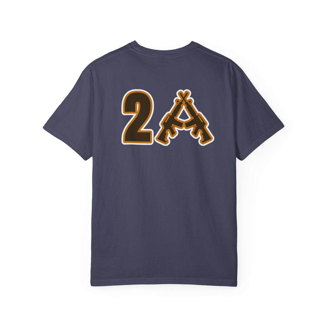 Back view of the 2A Tee in navy, featuring a bold “2A” graphic with an “A” formed by crossing rifles, symbolizing the Second Amendment.