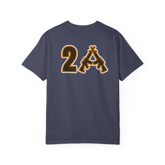 Back view of the 2A Tee in navy, featuring a bold “2A” graphic with an “A” formed by crossing rifles, symbolizing the Second Amendment.