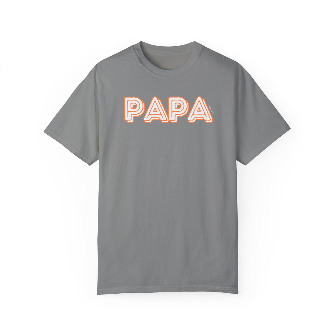 Relaxed fit Papa Tee in grey, featuring orange and white letters. Made of 100% ring-spun cotton, garment-dyed for coziness. Durable double-needle stitching, no side-seams for shape retention.