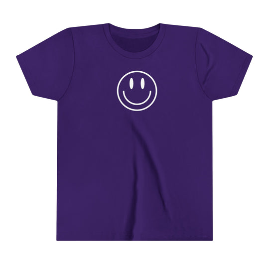 Youth short sleeve tee with a purple smiley face design. Lightweight and comfortable, perfect for kids. Made of 100% Airlume combed cotton, retail fit, tear away label. From 'Worlds Worst Tees'.
