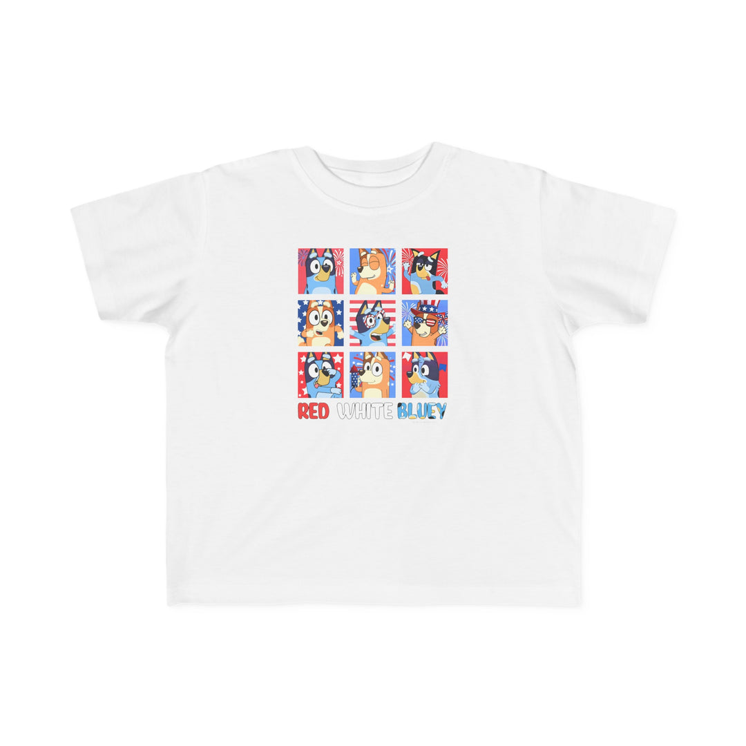 Red White and Bluey Toddler Tee featuring a white t-shirt with cartoon dogs and animals. Soft 100% combed ringspun cotton, light fabric, tear-away label, perfect for sensitive skin, ideal for toddlers.