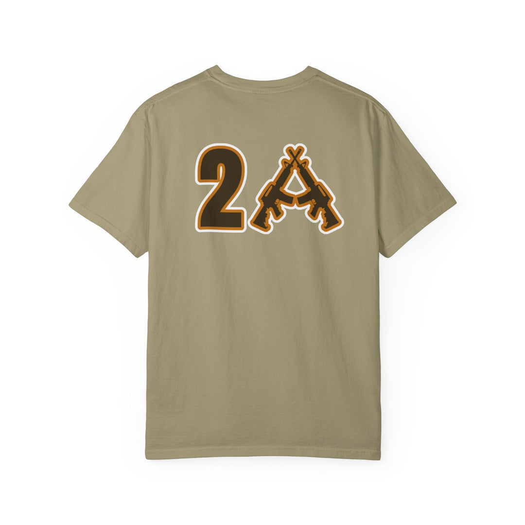 Back view of the 2A Tee, a khaki T-shirt featuring a bold 2A graphic with stylized rifles, highlighting its unique design.