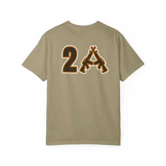 Back view of the 2A Tee, a khaki T-shirt featuring a bold 2A graphic with stylized rifles, highlighting its unique design.