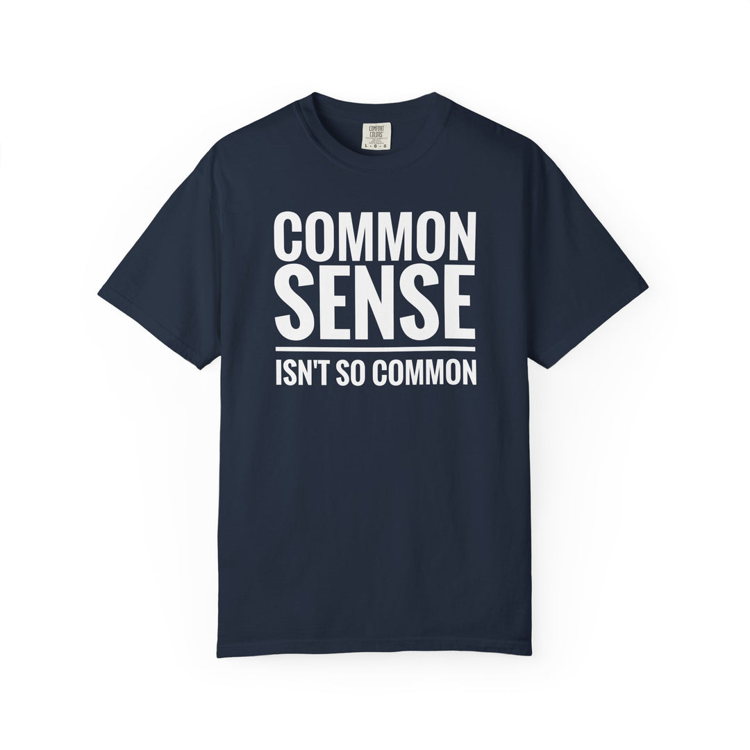 The Common Sense Tee is a soft, garment-dyed t-shirt made from 100% ring-spun cotton, featuring a relaxed fit and durable double-needle stitching.