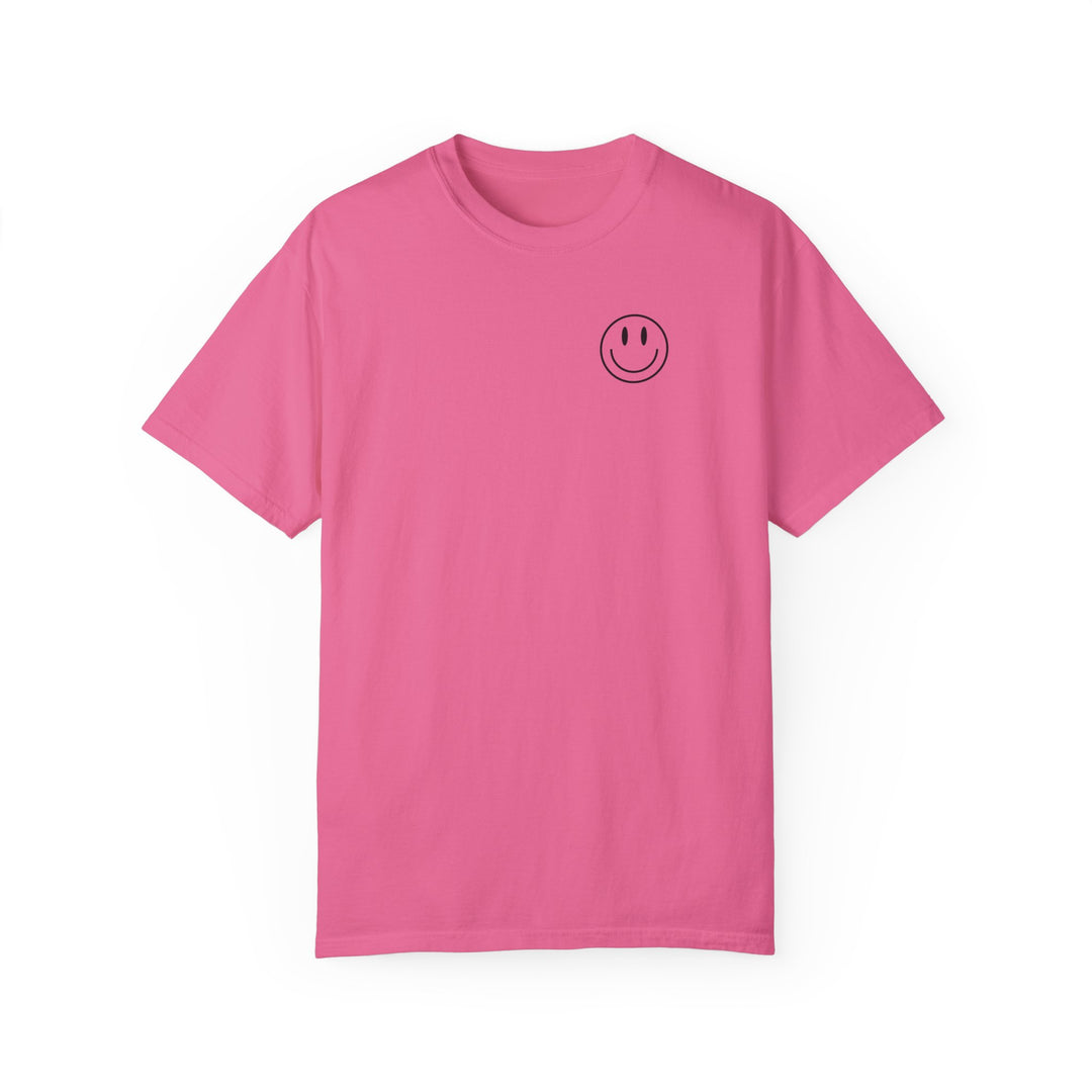 Relaxed fit God Day to Have a Good Day Tee, pink with smiley face. 100% ring-spun cotton, garment-dyed, durable double-needle stitching, no side-seams for tubular shape. Medium weight, cozy wardrobe staple.