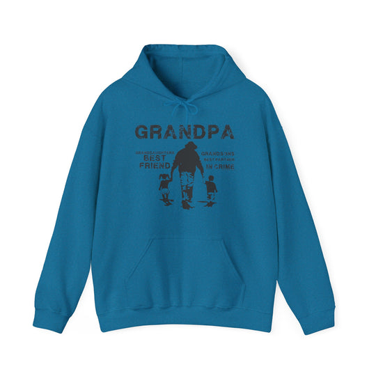 A blue Grandpa and Grandkids hoodie featuring a man and a dog, with a kangaroo pocket and drawstring hood. Unisex, cotton-polyester blend, medium-heavy fabric, tear-away label, classic fit.