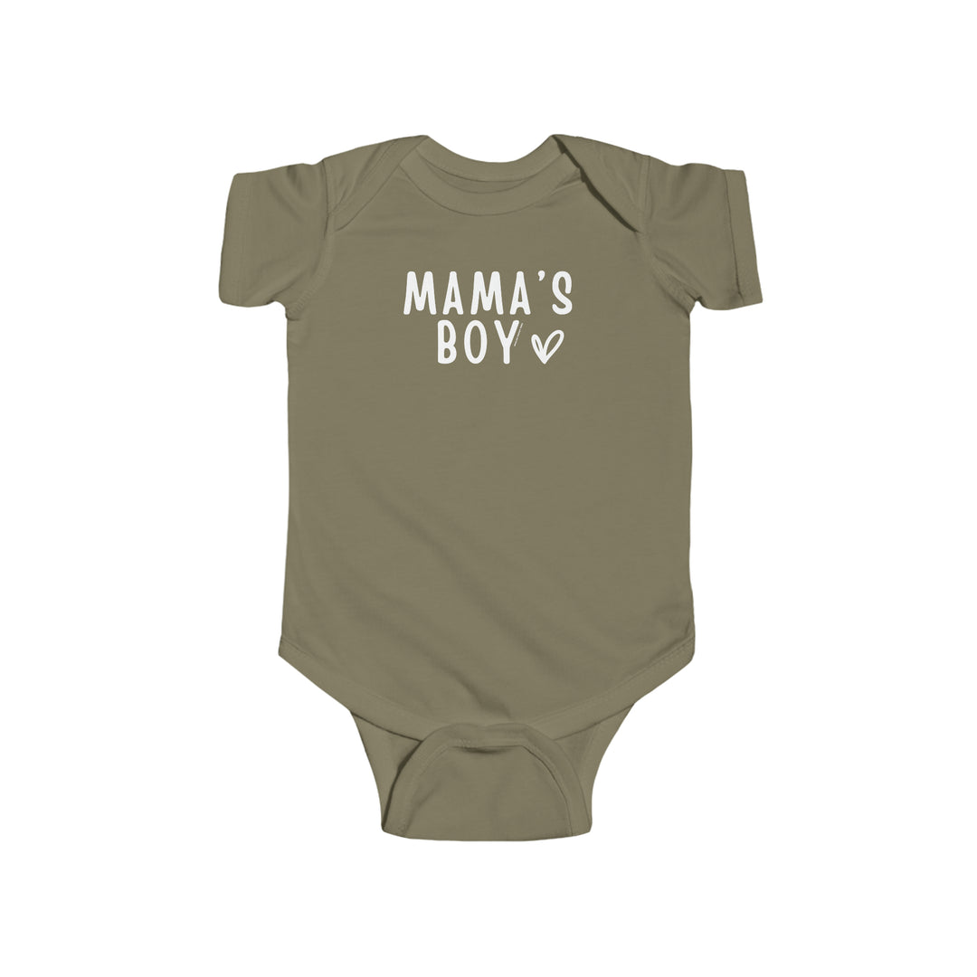 A durable and soft Mama's Boy Onesie for infants, featuring 100% cotton fabric, ribbed knit bindings, and plastic snaps for easy changing access. Combed ringspun cotton, light fabric, tear away label.