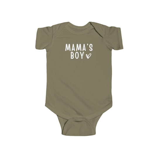 A durable and soft Mama's Boy Onesie for infants, featuring 100% cotton fabric, ribbed knit bindings, and plastic snaps for easy changing access. Combed ringspun cotton, light fabric, tear away label.