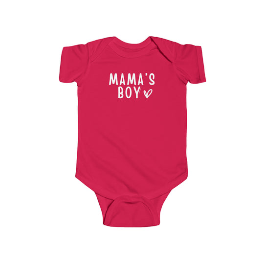 Infant fine jersey bodysuit, Mama's Boy Onesie. 100% cotton fabric, ribbed knit bindings, plastic snaps for easy changing. Light, durable, tear-away label. Perfect for little ones.