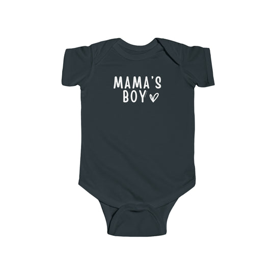 A black baby bodysuit with white text, featuring Mama's Boy Onesie. Made of 100% cotton, light fabric with ribbed knitting for durability. Plastic snaps for easy changing access. From Worlds Worst Tees.