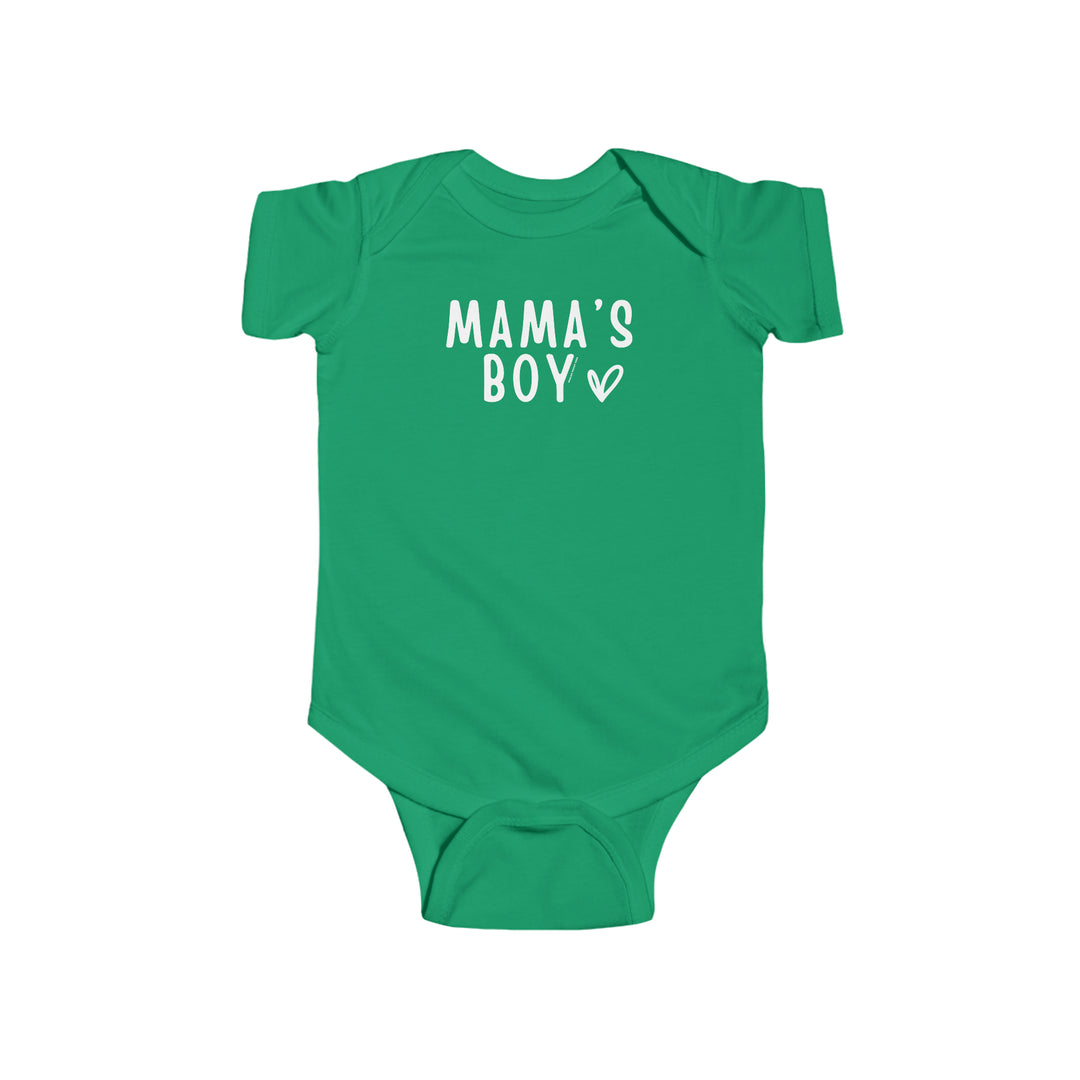 A durable and soft Mama's Boy Onesie for infants, featuring 100% cotton fabric, ribbed knit bindings, and plastic snaps for easy changing access. Ideal for comfort and style.
