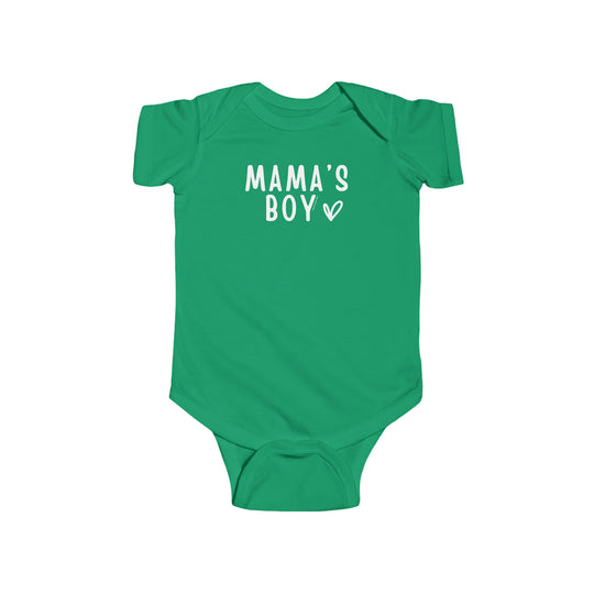 A durable and soft Mama's Boy Onesie for infants, featuring 100% cotton fabric, ribbed knit bindings, and plastic snaps for easy changing access. Ideal for comfort and style.